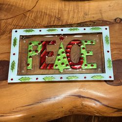 🎄 Fused Glass “PEACE” Holiday Serving Tray • 16.75” x 10”