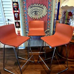 Set of 3 Leather Bar Stools Burnt Orange Seat & Chrome Legs 36.5"×16"