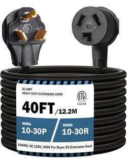 40FT 3 Prong Dryer 30A 10-30P To 10-30R / EV Extension Cord Level 2 EV Charging Model 3/X/Y/S 125V/250V STW 10 Gauge Heavy Duty Extension C