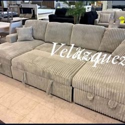 ✅️✅️3 pc Ash grey corduroy fabric sectional sofa with double storage chaise and pop up sleep area in center✅️