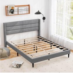Queen Upholstered Platform Bed Frame – Modern Gray Linen Headboard – No Box Spring Needed