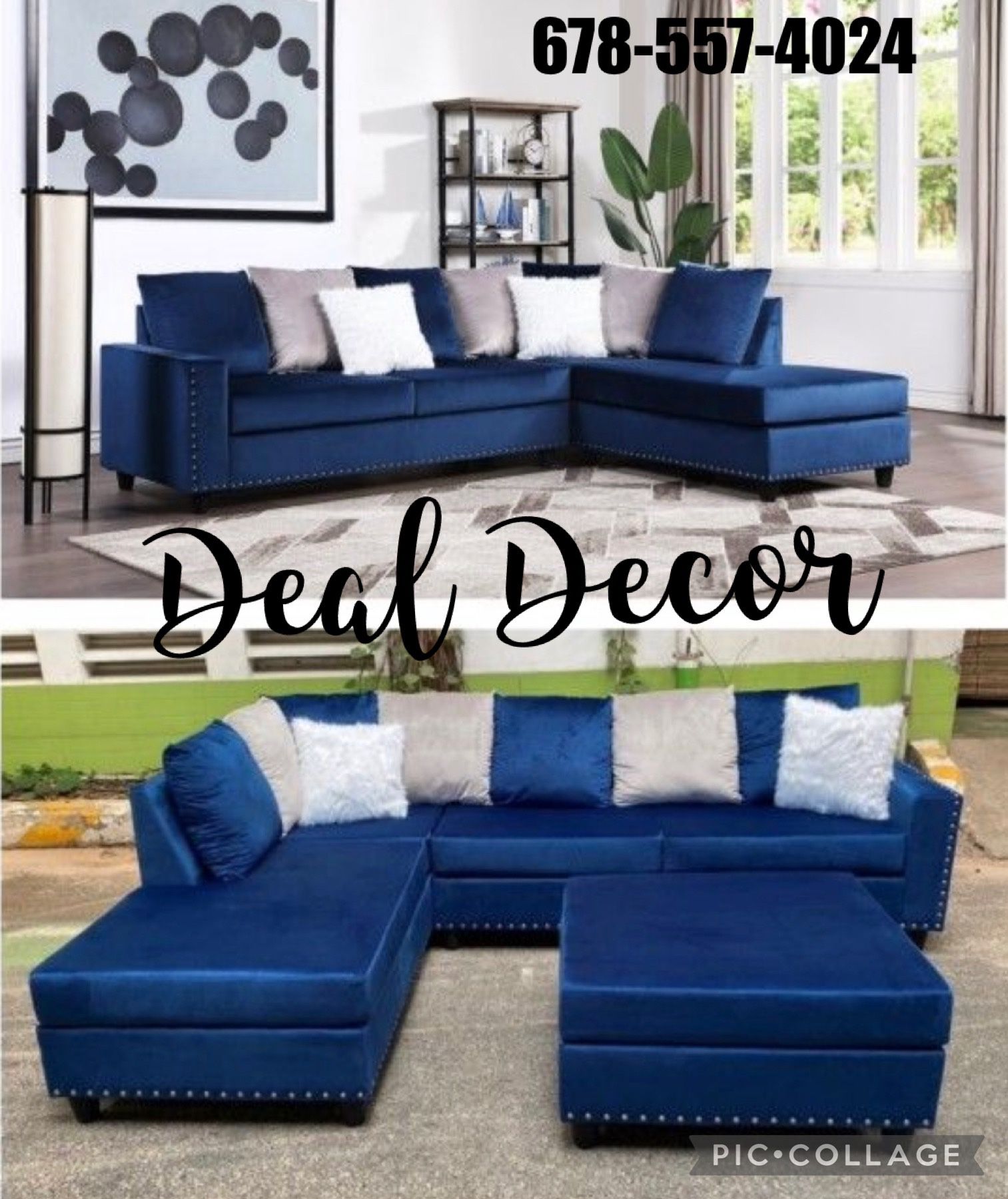 New Blue Velvet Sectional Sofa Couch with Pillows Ottoman Extra 