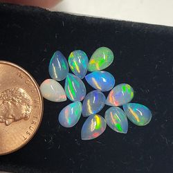Set Of 2x Natural Ethiopian Fire Opal Pear Cut Gemstones Flatback Cabachons Crystals
