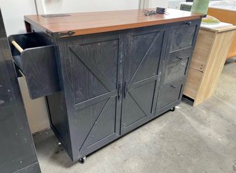 AS IS Assembled New 54.5" Farmhouse Kitchen Island w/ Power Outlet Black Rustic Rolling Storage Cart