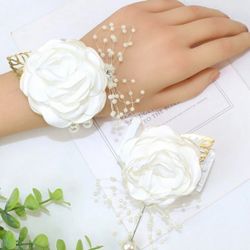2pcs/Set Wrist Corsage Wristlet Band Bracelet And Men Boutonniere Set For White Wedding Flower Accessories Prom Suit Decorations Homecoming Ceremony