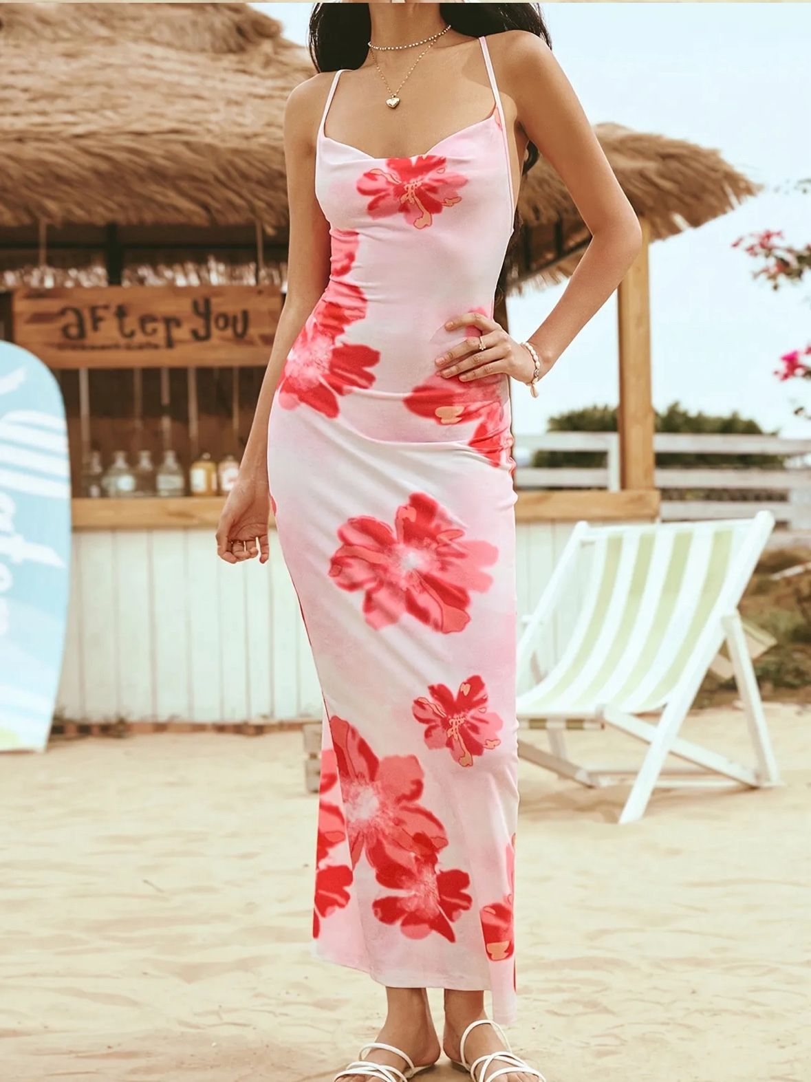 Women's size Medium Floral Maxi Dress Spaghetti Strap Backless Slingback Knit Fa