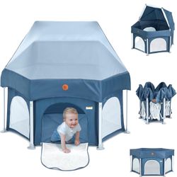 BabyBond 53" Portable Indoor and Outdoor Baby Playpen with Mat- Pop Up Tent Pack and Play Baby Playpen with Canopy for Babies and Toddlers Play Yards 