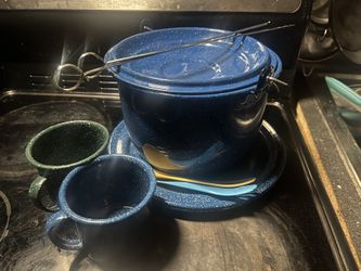 Enameled steel Camping Kit For Two. Camping Dishes. 