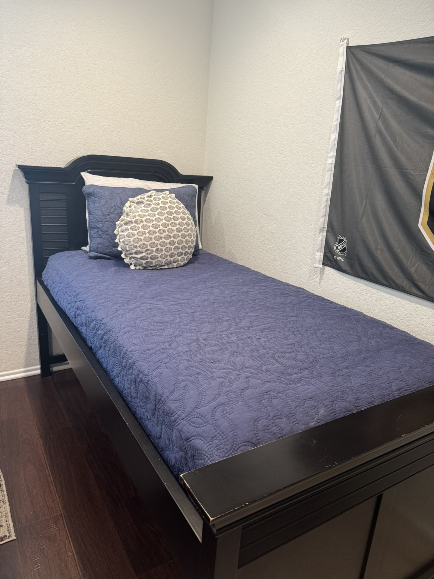 Twin Bed Frame, Mattress, and Two Sets of Bedding