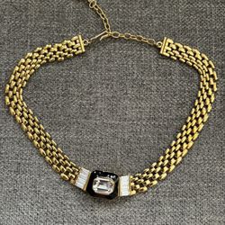 VTG Trifari Necklace, Gold Tone, Black Clear Rhinestones