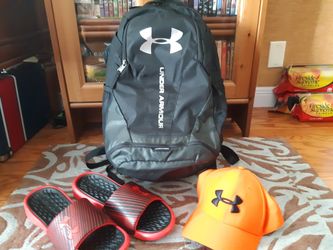 Under Armour Backpack, Hat, and Sandles Bundle