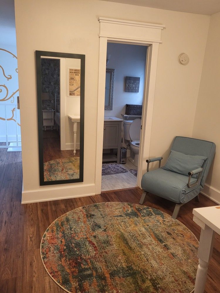 Blue Accent Chair, Round Rug & Long Mirror