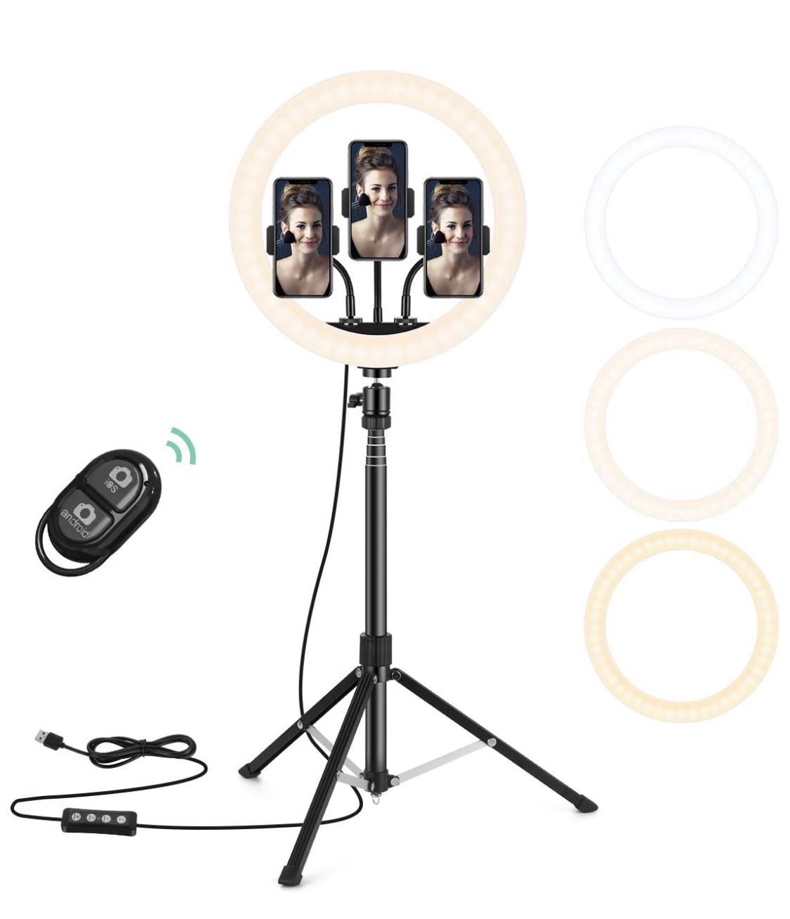 12" Selfie Ring Light with 3 Color Modes, 10 Adjustable Brightness, 63“ Extendable Tripod Stand, 3 Phone Holders, Bluetooth Remote Shutter for Photogr