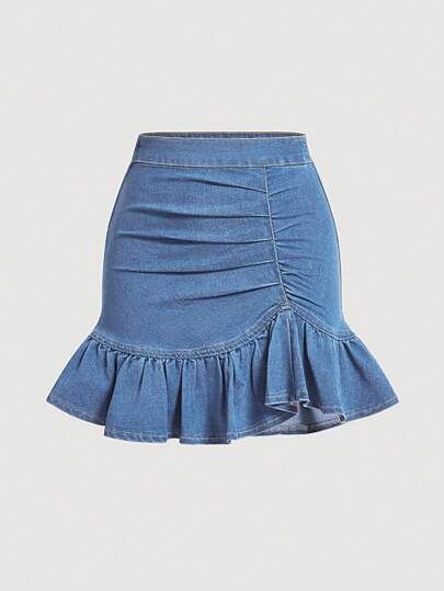 SHEIN Blue Denim Mini Skirt with Ruffles