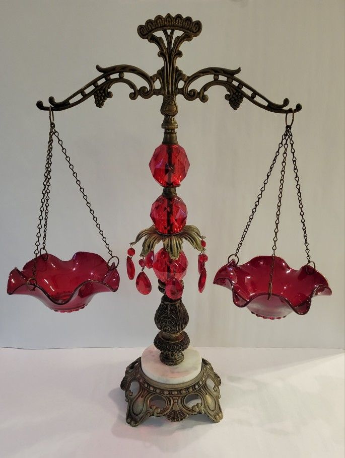 Art Nouveau Vintage Scales of Justice, Rare Ruby Red, Brass Crystal Marble
