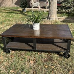 Rustic Farmhouse Coffee Table on Industrial Wheels