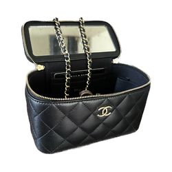 Chanel Classic Top Handle Vanity Case With Chain Quilted Lamb