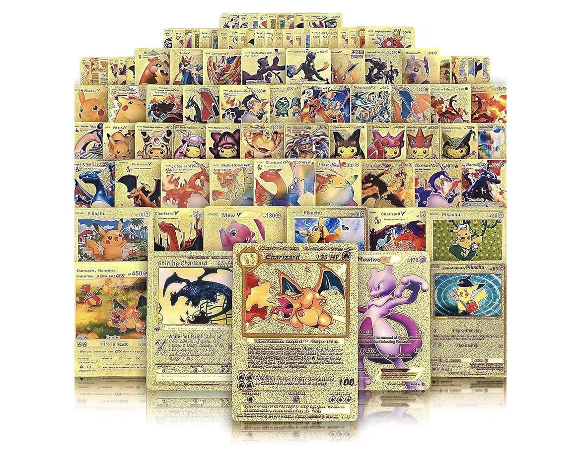 55 PCS Gold pokemon Cards Packs Golden Cards Deck Box Gold Foil Card for Fans/Collectors