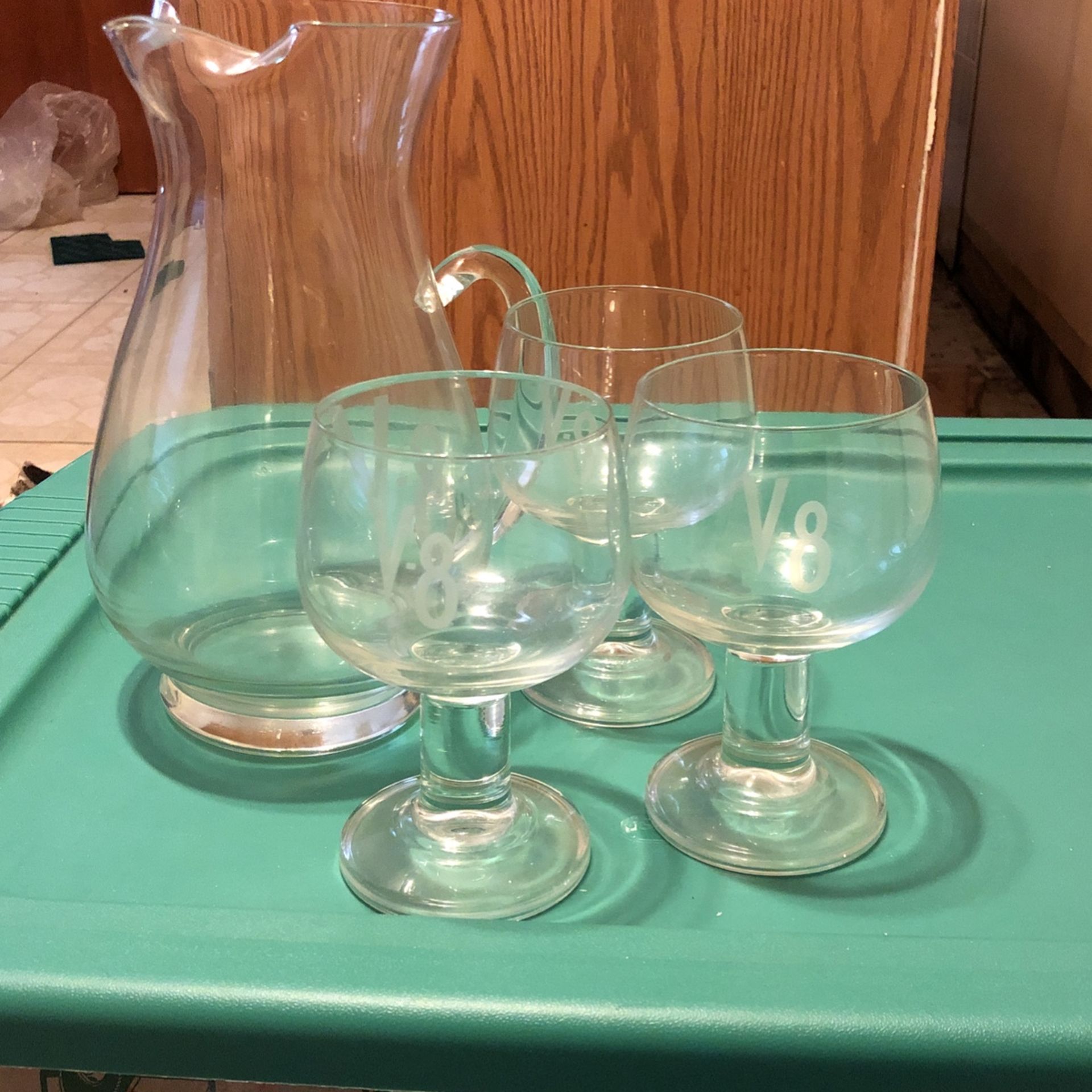 Vintage 9” V8 Pitcher And 3 Glasses