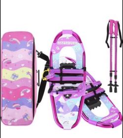 Brandnew Kids Snowshoes for Kids Pattern Design for Stylish Look Snowshoes for Kids Lightweight Aluminum Youth Snowshoes with Poles and Storage Bag