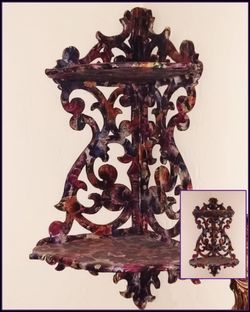 VINTAGE ORNATE WOOD DECOUPAGE FLORAL FLOWER PANSY ACCENT CORNER SHELF FILIGREE VICTORIAN ACCENT DISPLAY