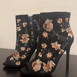 New Just Fab Black Embroidered Peep toe Booties 