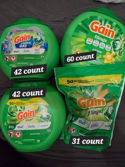 GAIN FLINGS BUNDLE:  GAIN ORIGINAL 3 IN 1 (42 CT),  BAG 3IN1 (31 CT), ORIGINAL TUB (60 CT), & Gain OXI (42 CT) FOR $48