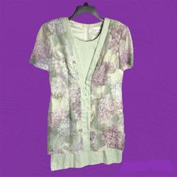 Dress Barn Green Dress w Floral Print Attached Overlay Wm 12