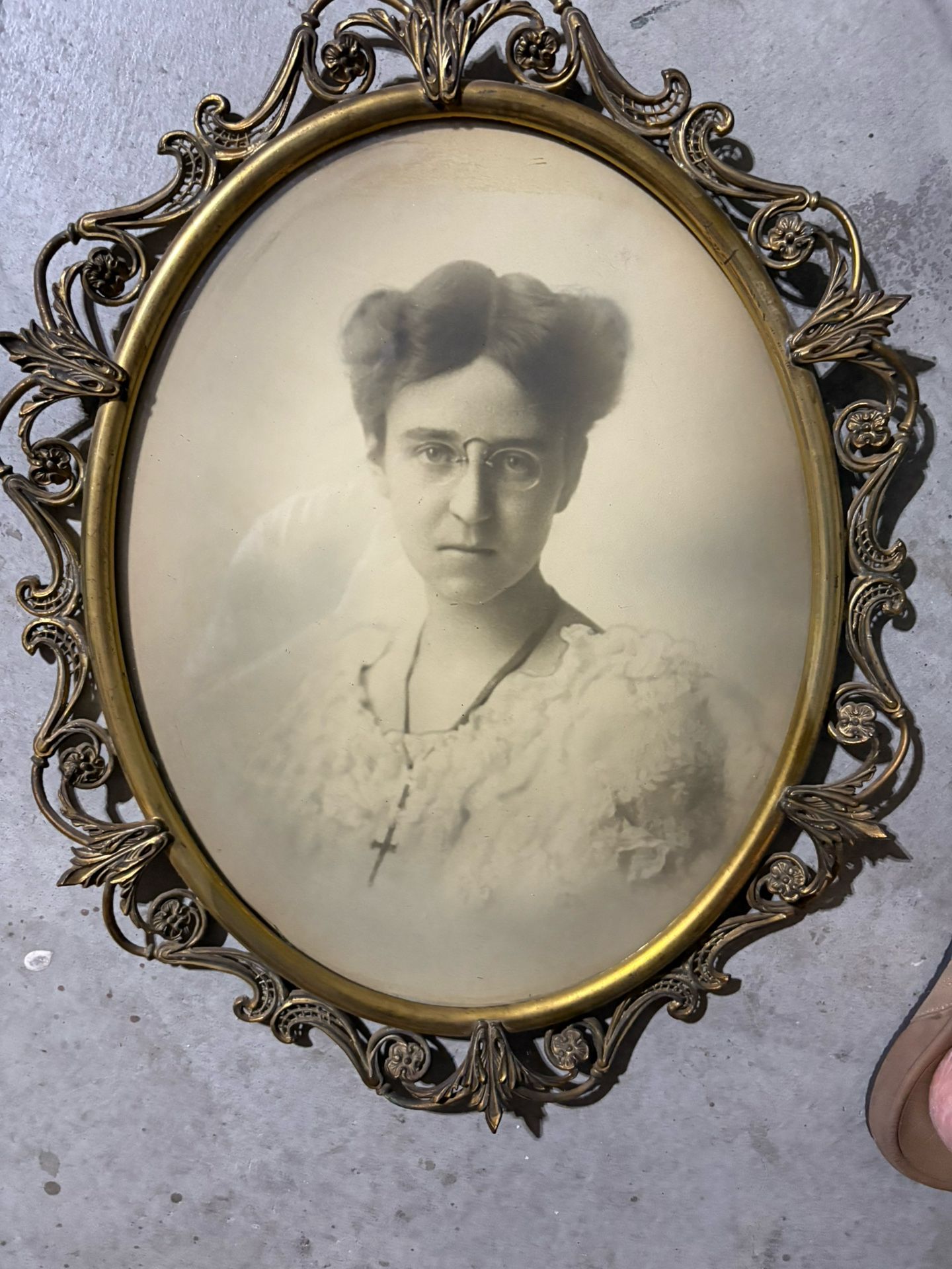 Antique Victorian Brass Oval Picture Frame with Original 1900s Portrait – Ornate Scroll Design