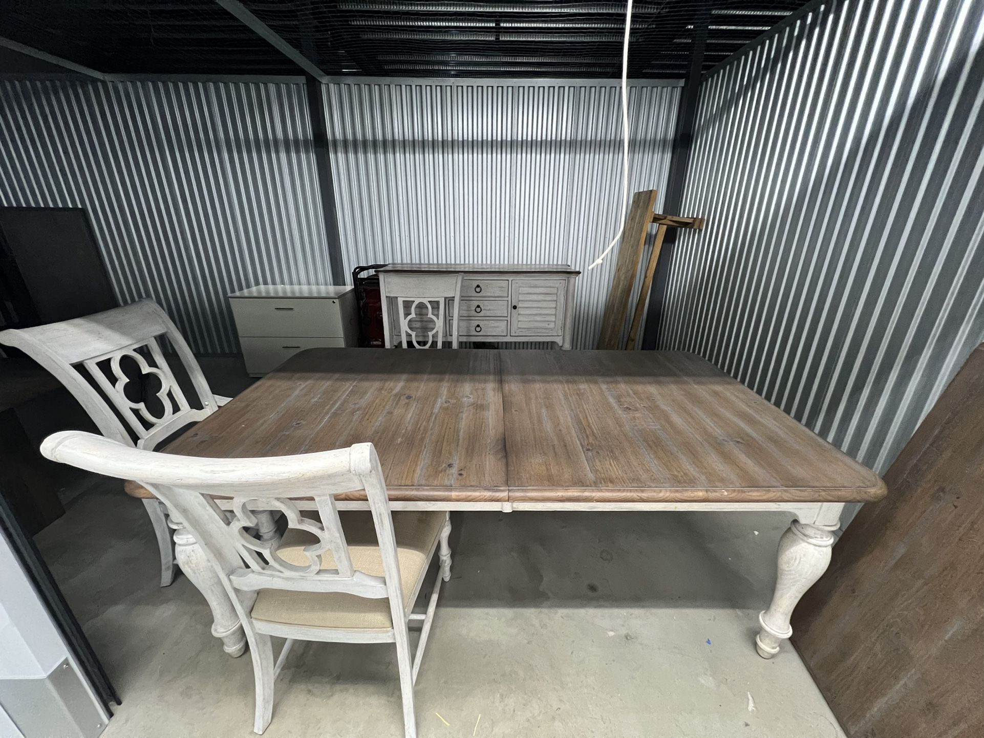 Dining Room Table + 8 Chairs + Serving Table With Extra Leaf.
