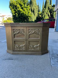 Vintage MCM Ornate Gold Two-Door Cabinet Table Sideboard