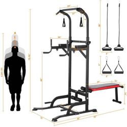 Adjustable Power Tower Pull Up Bar Dip Station with Bench, Multi-Function Home Gym Strength Training Fitness Equipment - 400 lbs