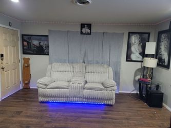 Beautiful 1 Year Old Furniture Row Snuggly Silver Loveseat With Recliners, LED'S, & Power Strip