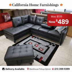 Black faux leather sectional sofa with storage ottoman 