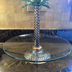 Vintage Metal Ware Palm Tree with glass dish  w/Leaves-12” tall - tray, decor