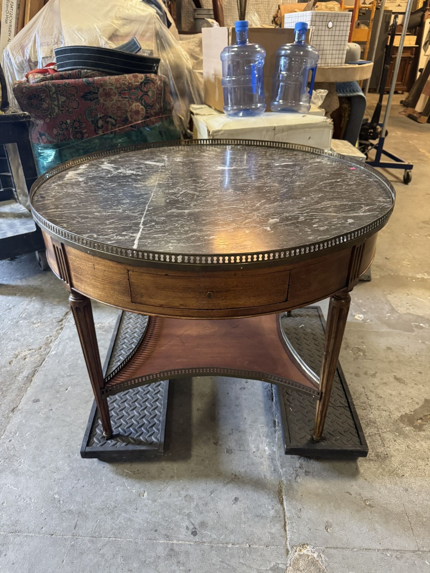 19th Century French Louis XVI Marble Top Walnut & Brass Bouillote Table