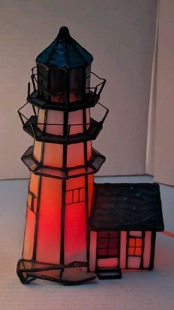 Vintage Stained Glass Nautical Lighthouse Lamp Works 10"