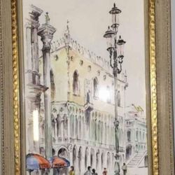 Palazzo Ducale Venezia by Jan Korthals in Gold Wood Frame With Raised Relief, Mid Century Cafe Plaza Streetscape Vintage Art Print