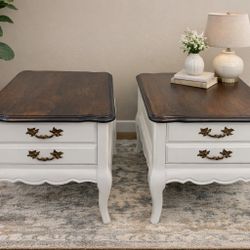 Solid Wood Side Tables / Nightstands Set – White & Dark Wood Top