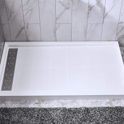 WOODBRIDGE Solid Surface Shower Base with Recessed Trench Side Including Stainless Steel Linear Drain Cover, 48" L x 36" W x4 H, 48"x 3