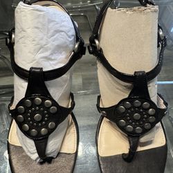 COACH Harper Black Leather Silver Stud Slingback Shoes Wedge Sandals