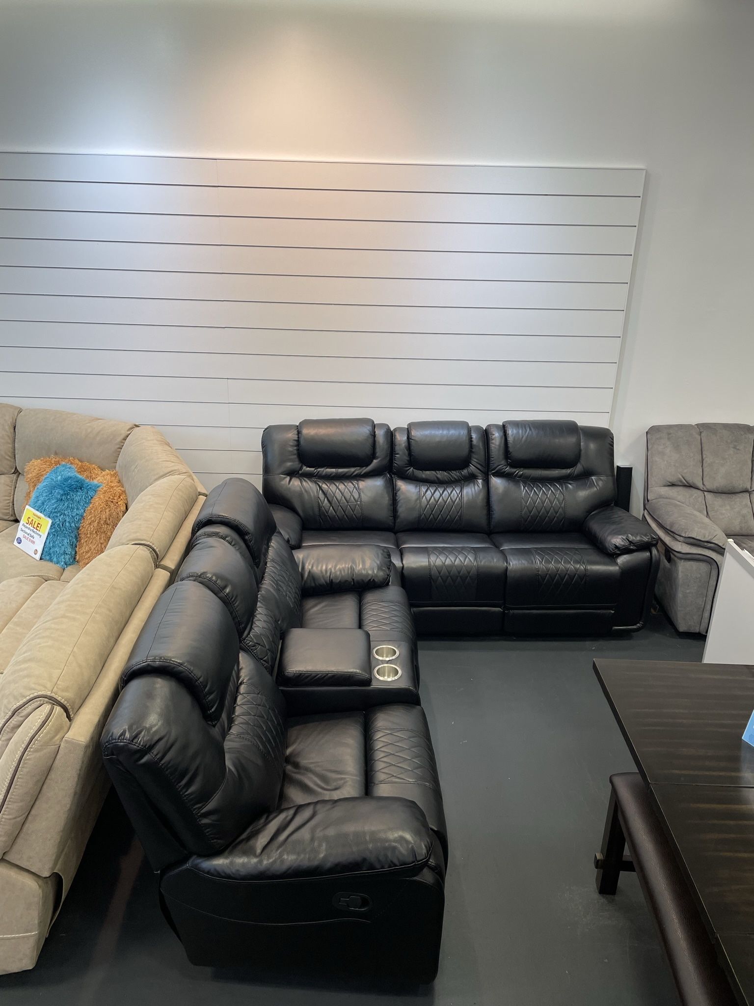 Fourth of July sale. Santiago black leather reclining sofa and loveseat set now $1199. Easy finance option. Same-day delivery.