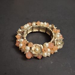 " Cha Cha " Or Cluster Goldtone Stretch Bracelet Coral Colored Beads,  White Faux Pearls & Small Floral Accents- Vintage Mid 20th Century 