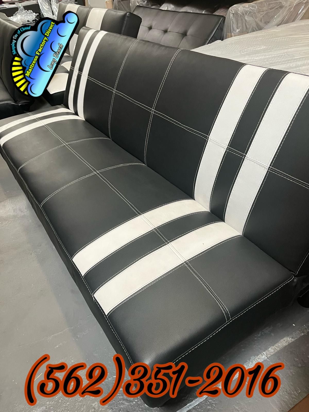 Faux Leather Foldable Bed Futon Black With 2 White Stripes