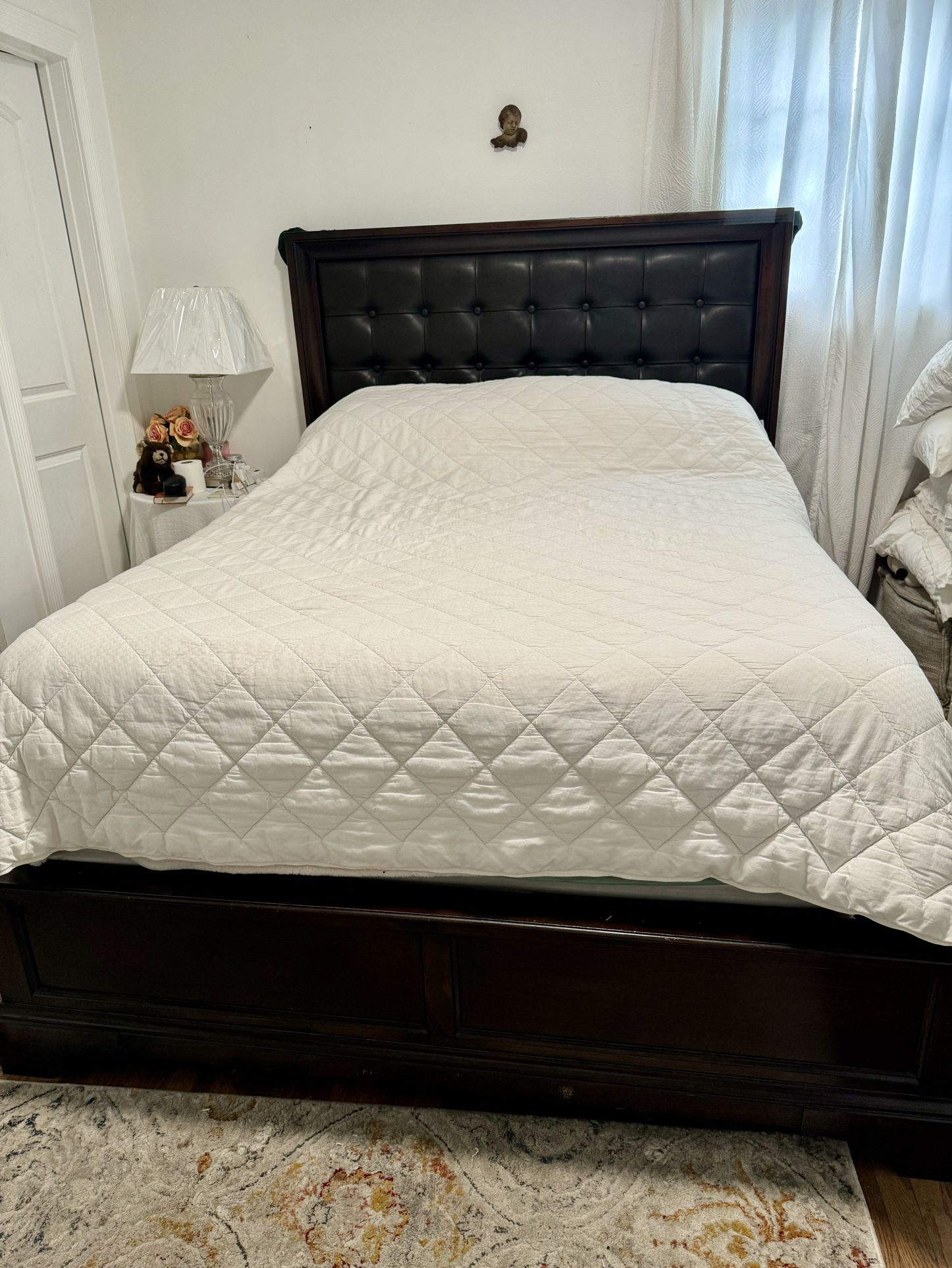 Brown Leather Queen Bed Frame With 4 Drawers, Box Spring 