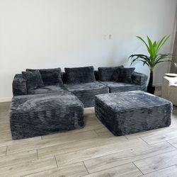 New 5-Piece Modular Grey Corduroy Cloud Sectional Sofa Couch