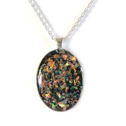 Sterling silver black faux Opal Oval Shaped Pendant On 20" necklace new handmade resin unique