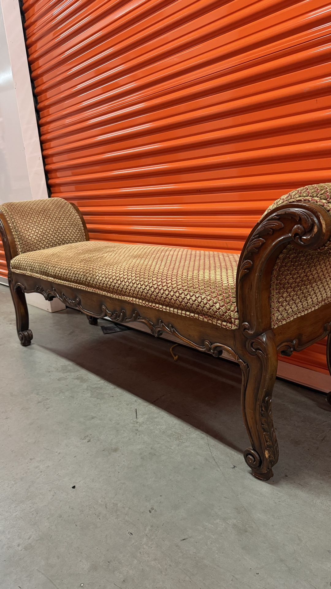 Antique Style Carved Wooden Bench with Upholstery