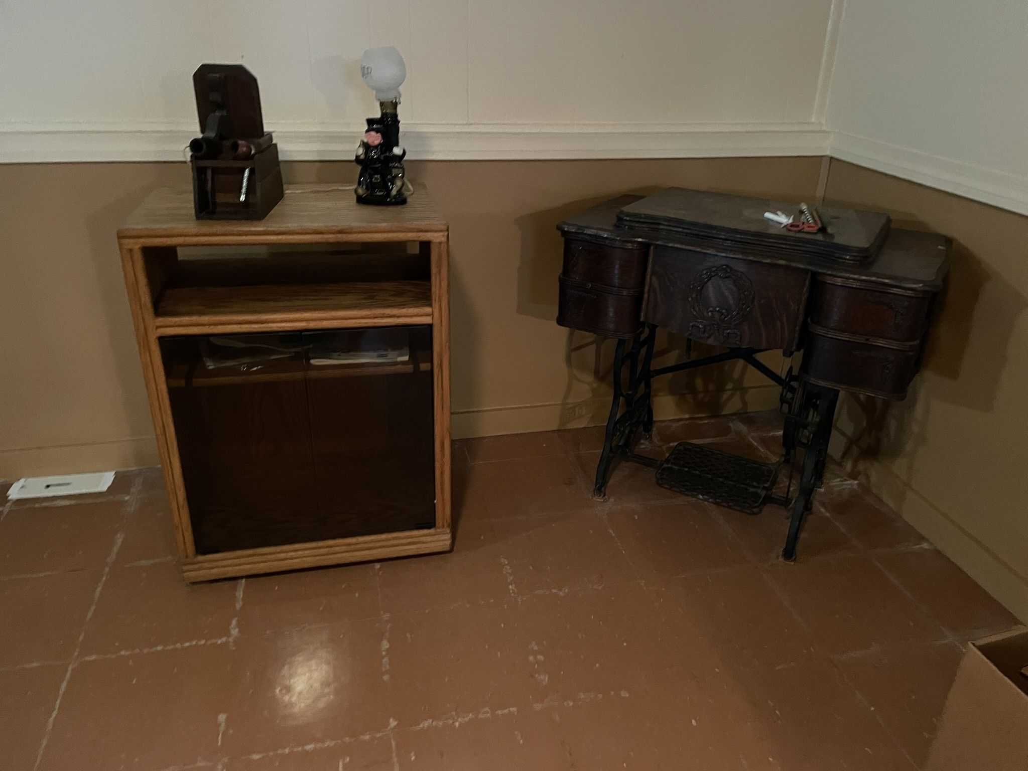 TV Cabinet And Antique Sewing Machine
