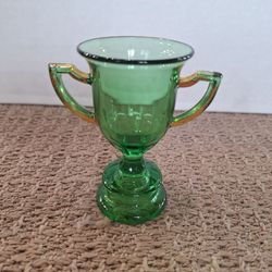 Green Glass Trophy Cup with Gold Handles Toothpick Holder